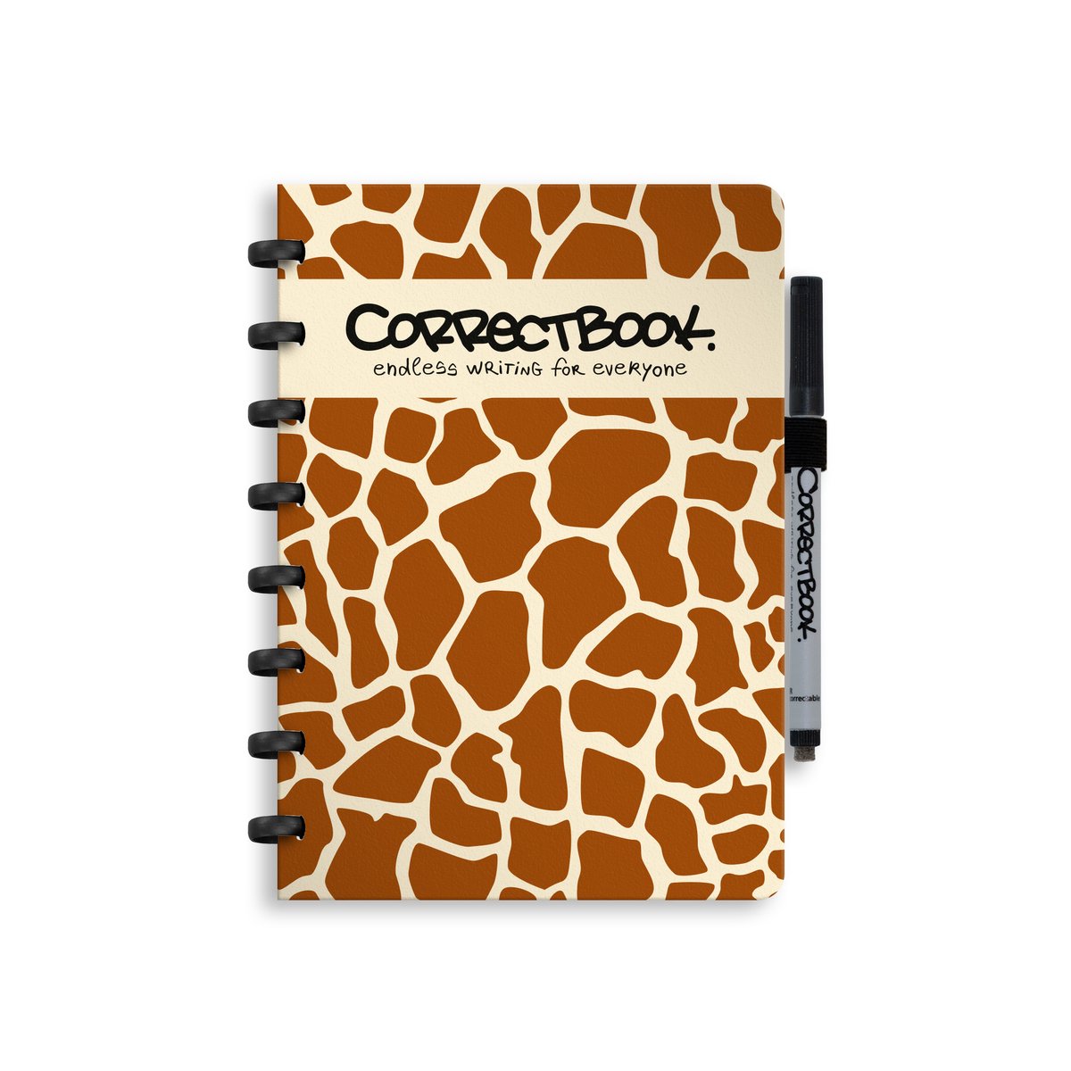 Correctbook a5 uitwisbaar notitieboek – curious giraffe – gelinieerd – herbruikbaar schrift – inclusief pen wisdoekje – aanvulbaar met extra pagina’s