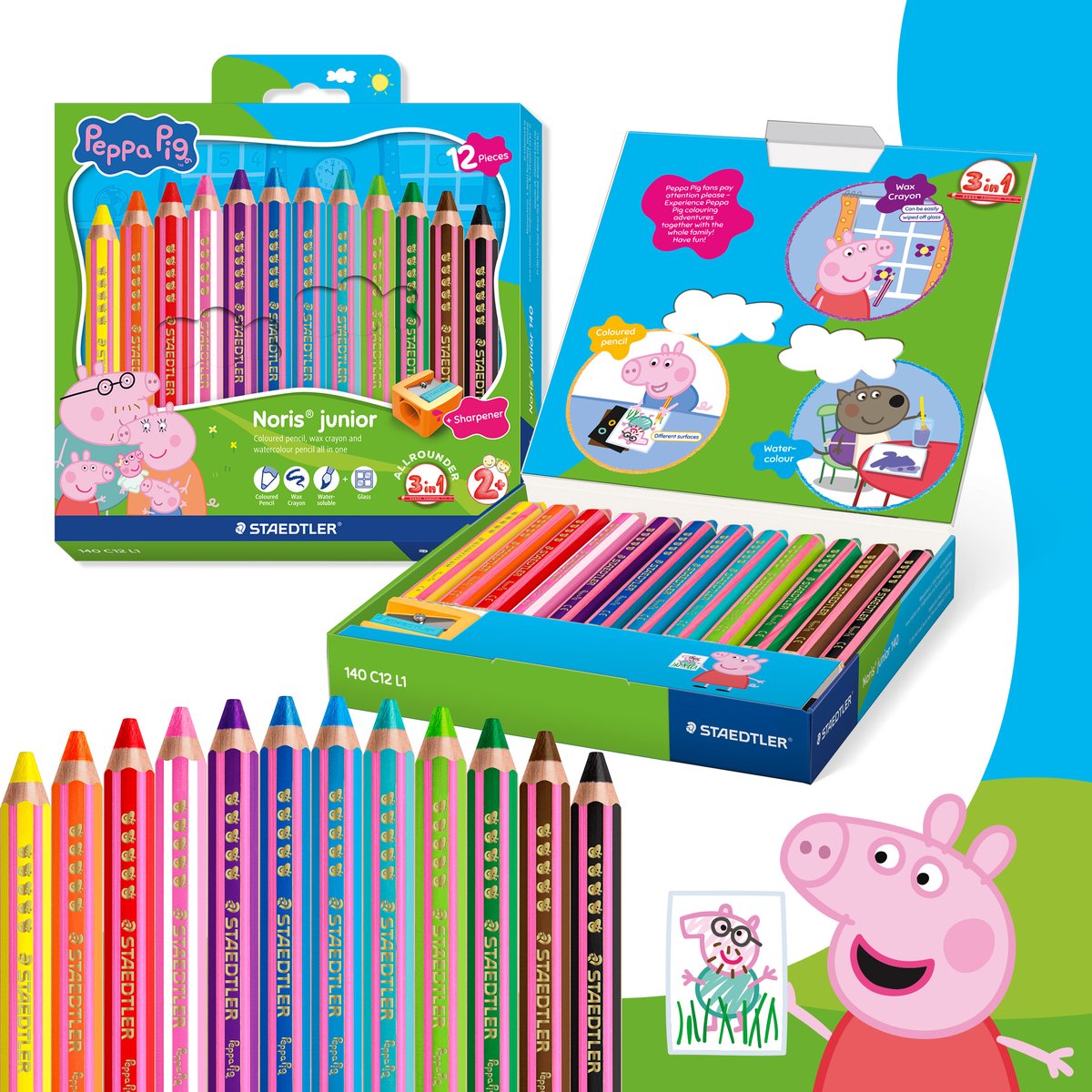 Staedtler peppa pig x noris junior 3-i-1 farveblyant - sæt 12 stk.