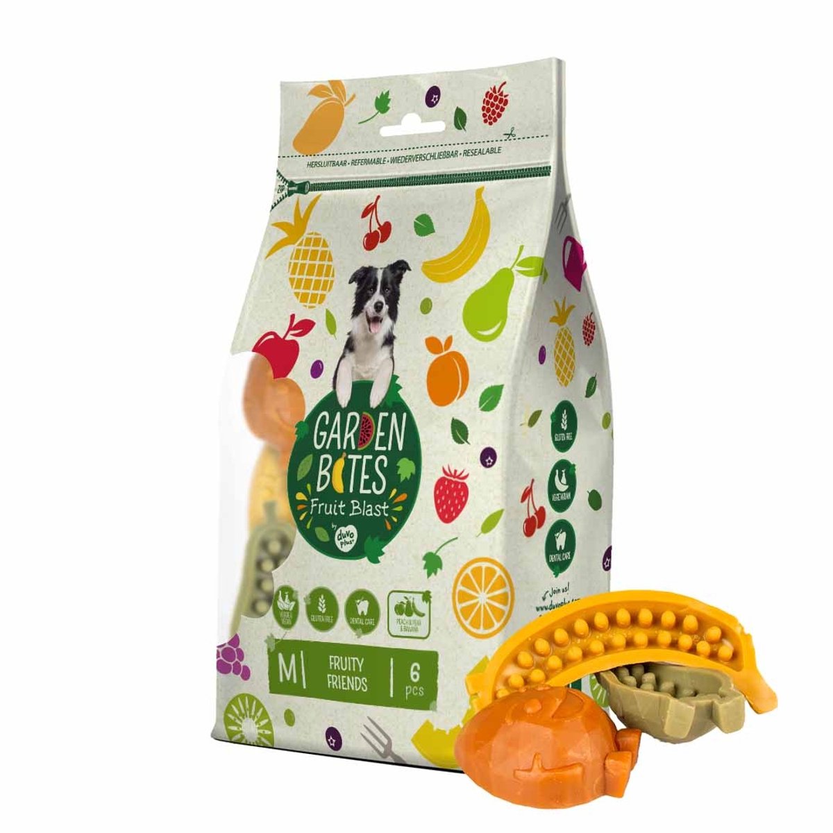 Havebid duvoplus - frugtagtige venner hundesnacks - hundegodbidder - vegetarisk glutenfri - medium 6 stk.