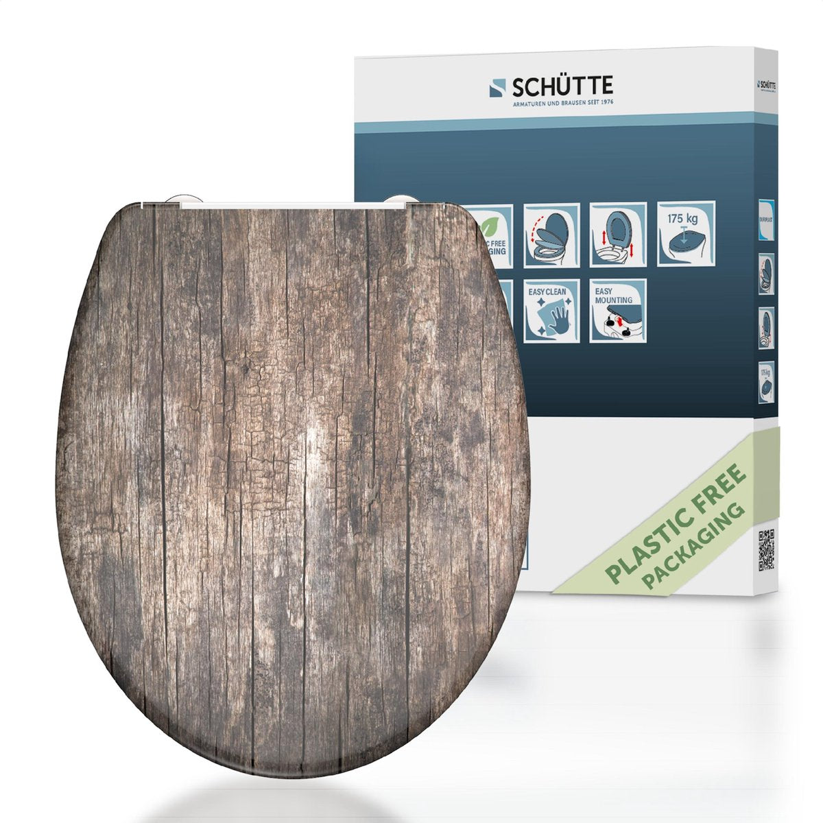 Schütte toiletsæde 82368 gammelt træ - duroplast - soft close - klikbar - rustfri stålhængsler - bæreevne op til 175 kg - indretning - 3-sidet print