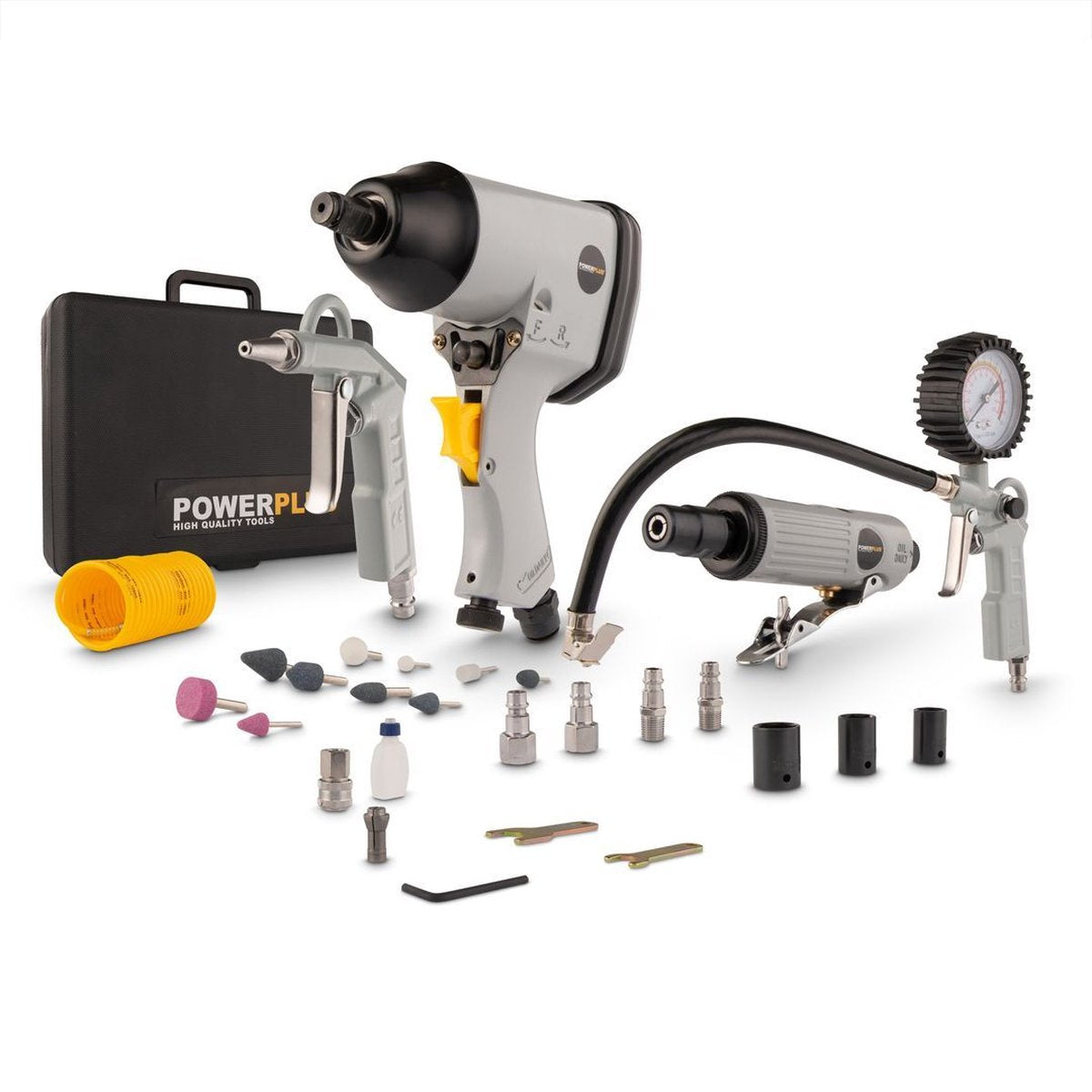 Powerplus powair0021 pneumatisk grundsæt - 5 stk - inkl. skruenøgle, mini stiftsliber, dækpumpepistol, luftpistol, spiralslange og 21 tilbehør