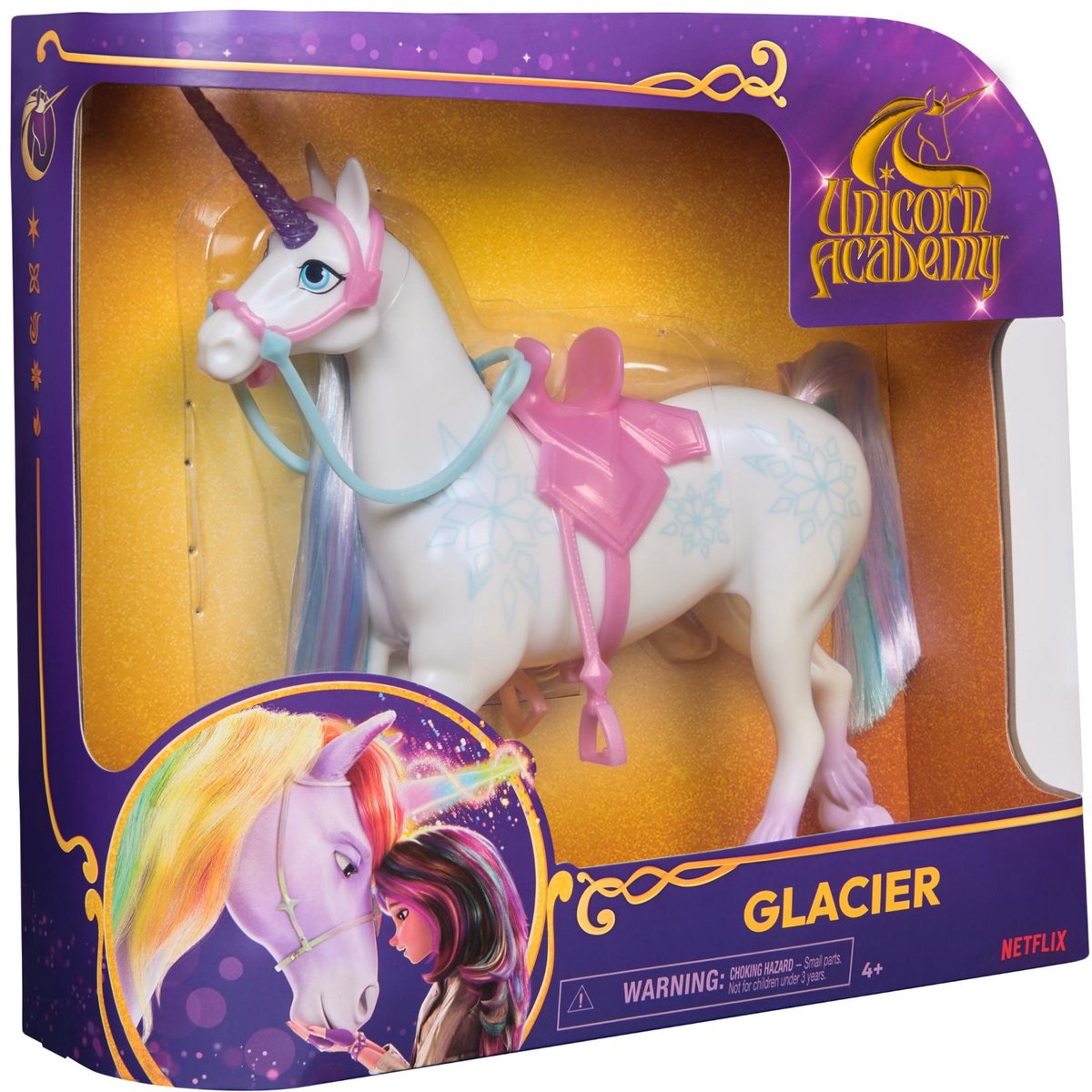 Unicorn academy - enhjørning gletsjer med bevægeligt hoved - 2 ridetilbehør - 27,9 cm - velegnet til Layla modedukke - dukker og enhjørningslegetøj