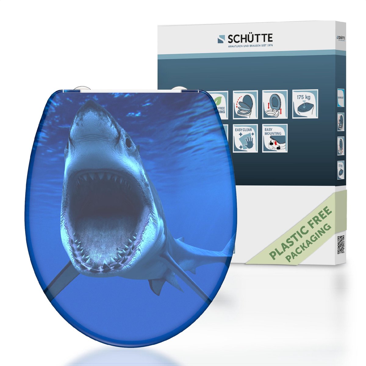 Schütte toiletsæde 82371 haj - duroplast - soft close - klikbar - rustfri stålhængsler - bæreevne op til 175 kg - indretning - 3-sidet print
