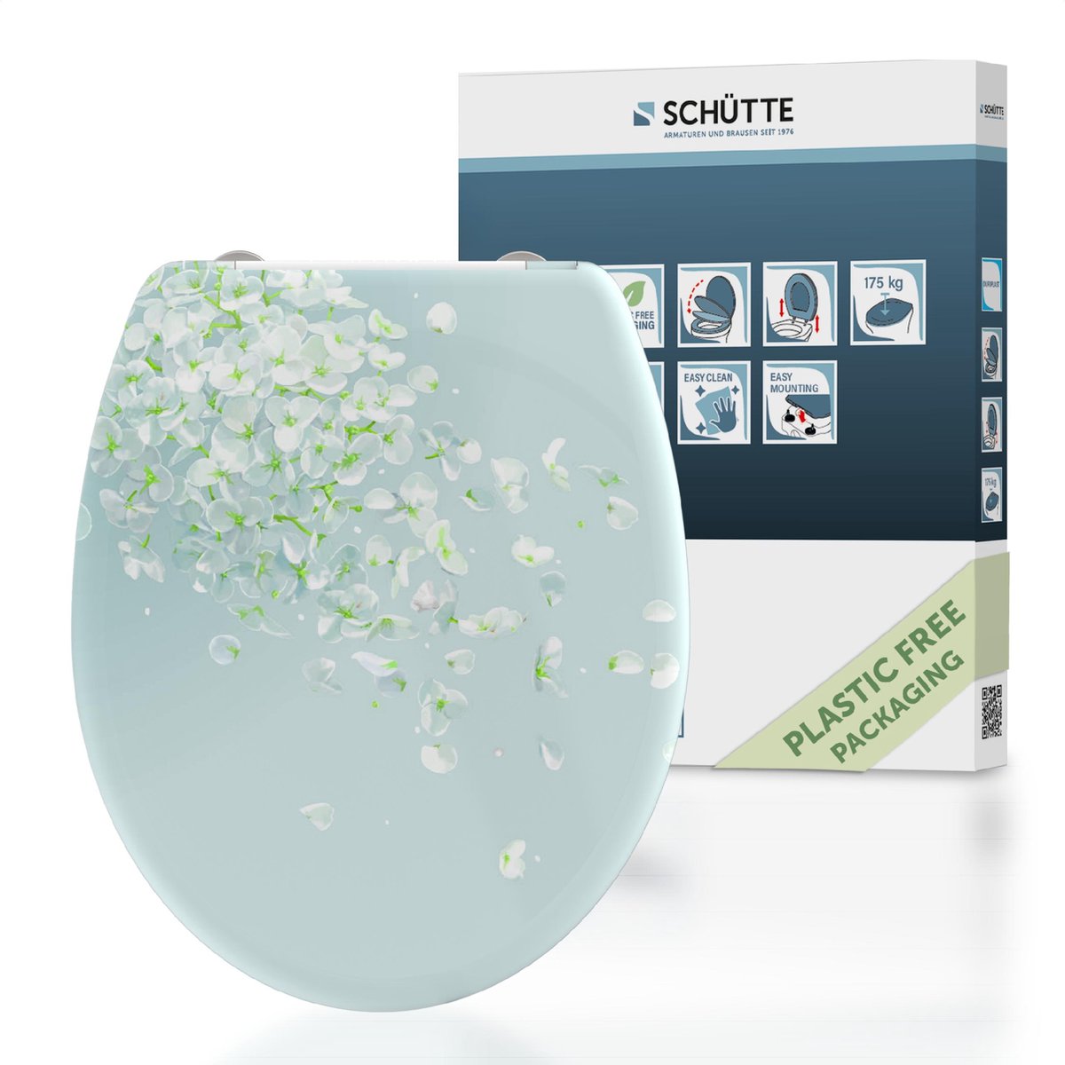 Schütte toiletsæde 82381 blomst i vinden - duroplast - soft close - klikbar - rustfri stålhængsler - bæreevne op til 175 kg - indretning - 3-sidet print