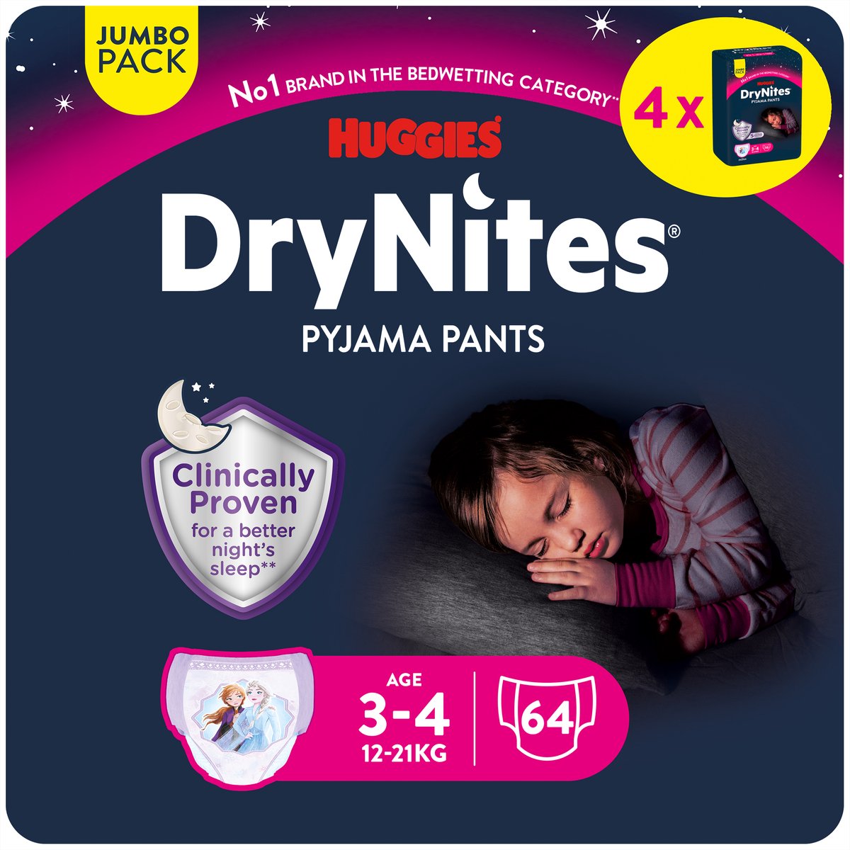 Drynites huggies blebukser - piger - 3 til 4 år (12 - 21 kg) - 64 natbukser - ekstra rabat