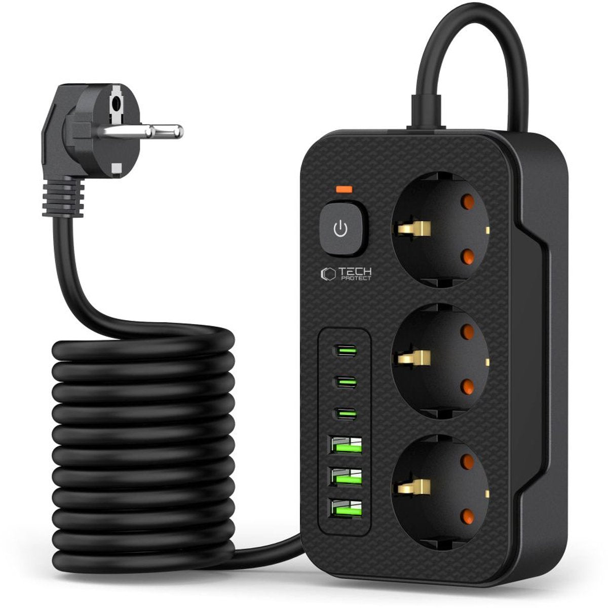 Tech-protect - strømskinne med 3 USB C og 3 USB A - tænd-sluk-knap - 3 stik - sort