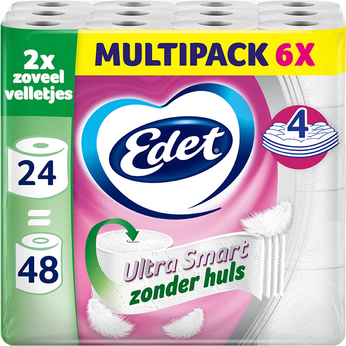 Edet ultra smart toiletpapir - 4 lag - 24 maxi ruller uden ærme = 48 ruller