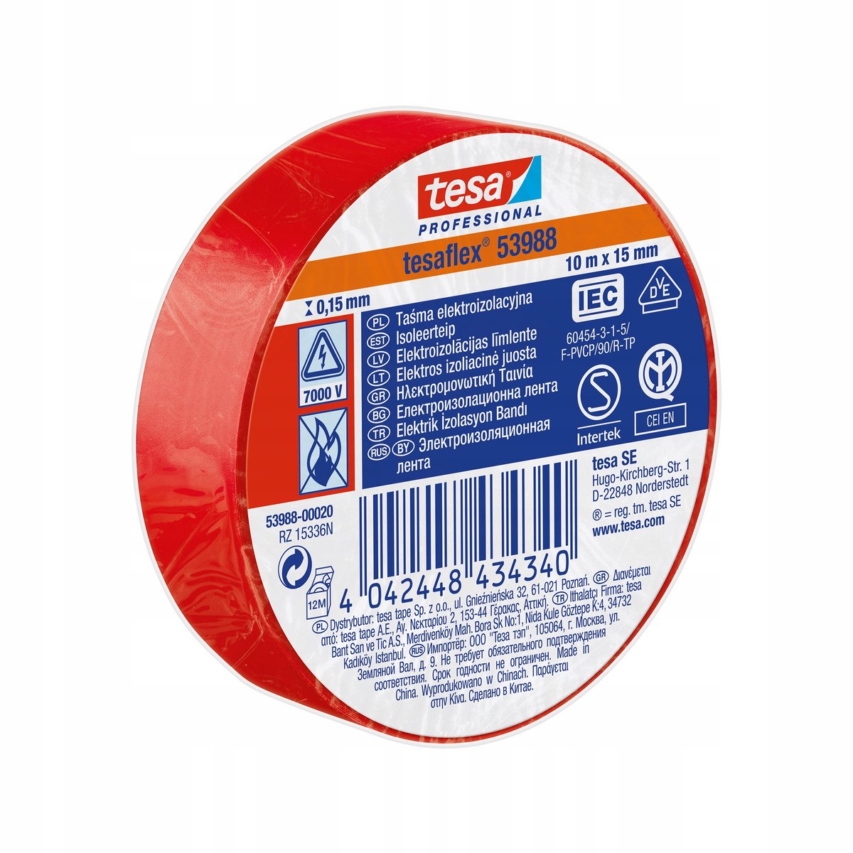 Tesa flex 53988 elektrisk isoleringstape rød 15mm x 10m