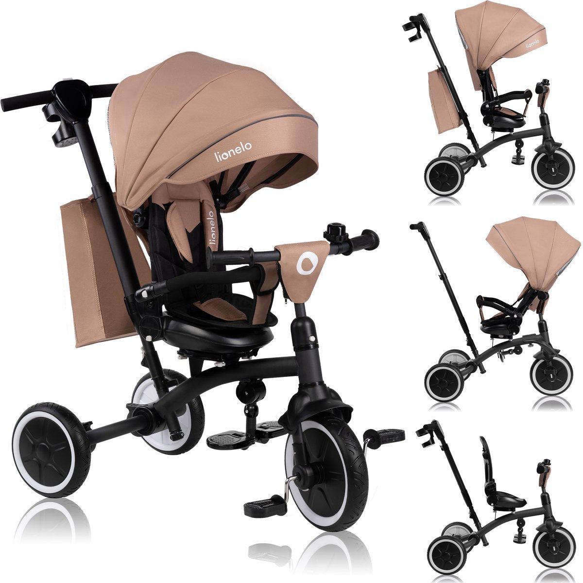 Lionelo tris plus trehjulet cykel 2i1 - barnevogn trehjulet cykel - 360° drejeligt sæde - fra 9 måneder til 5 år (25 kg) - store PU anti-punktur hjul - justerbart ryglæn - forældrerat - friløbsfunktion - inklusive tilbehørssæt