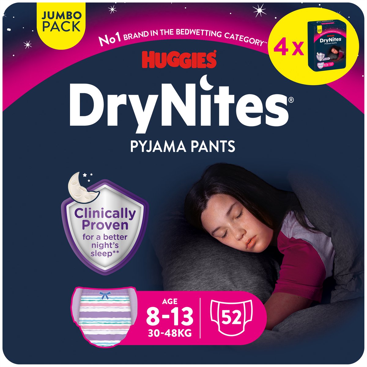 Drynites huggies blebukser - piger - 8 til 13 år (30 - 48 kg) - 52 natbukser - ekstra rabat