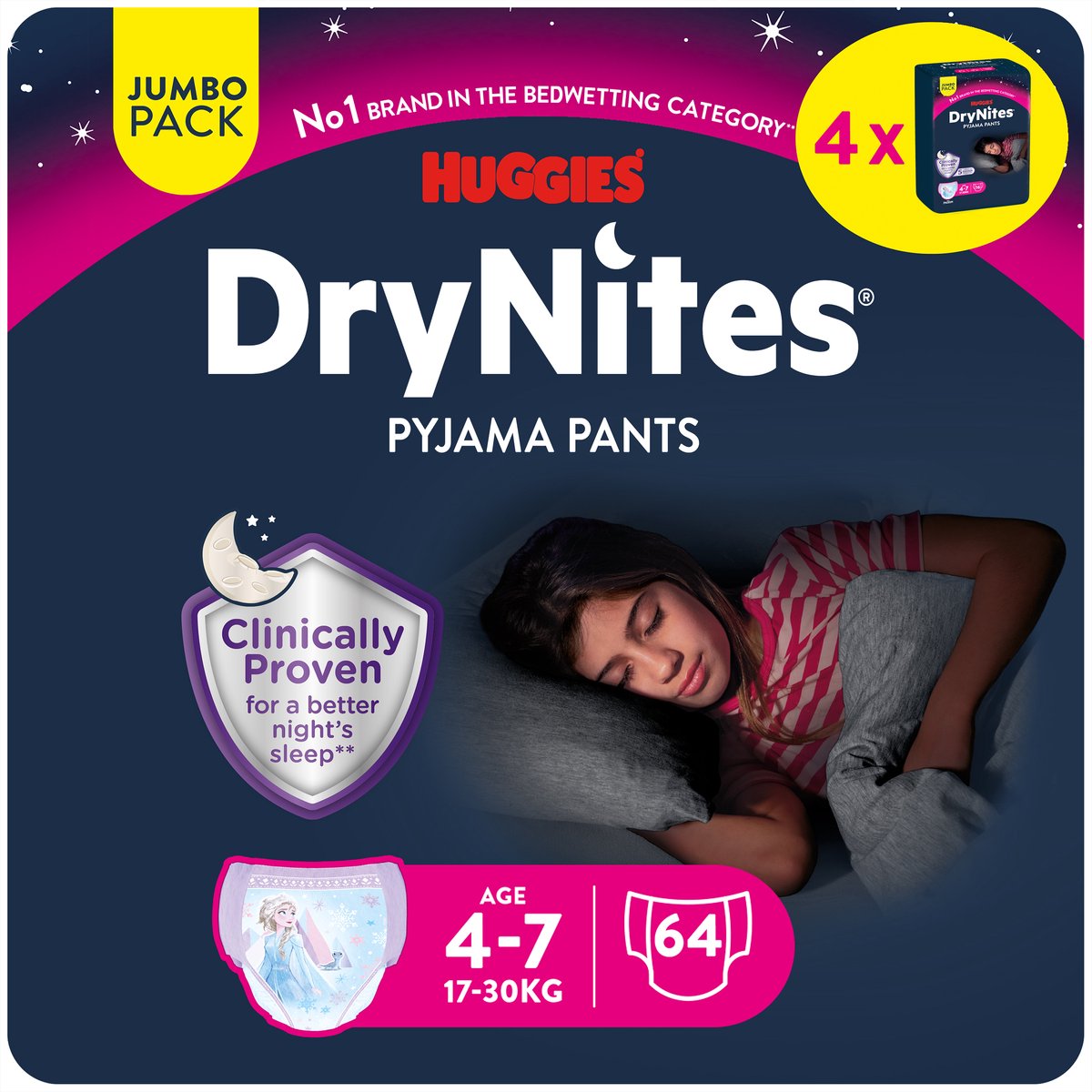 Drynites huggies blebukser - piger - 4 til 7 år (17 - 30 kg) - 64 stk - værdipakke