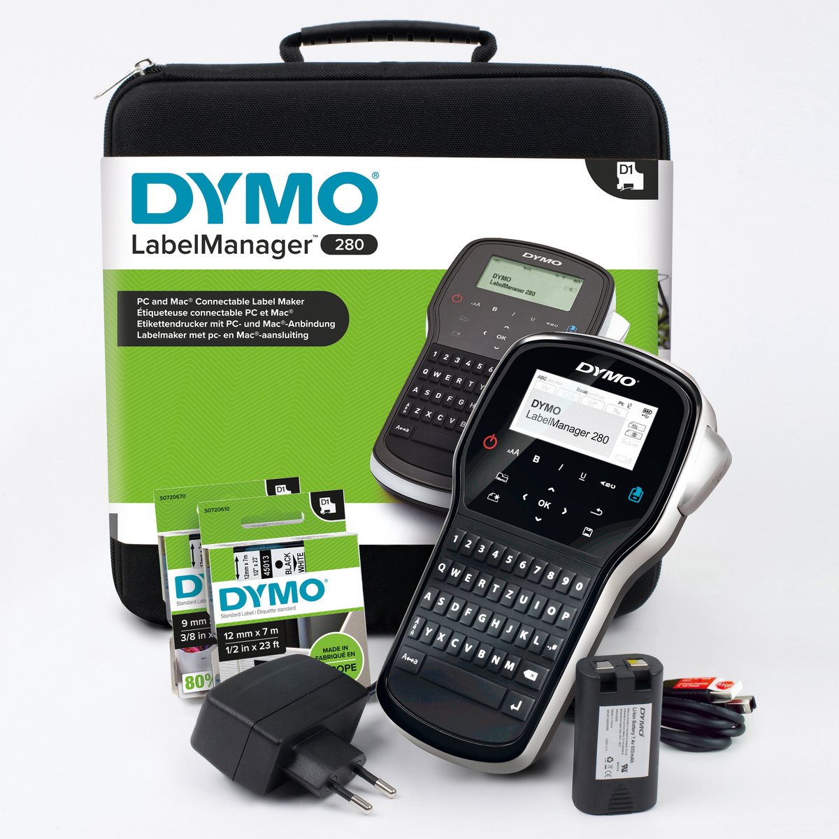 Dymo label manager 280 genopladeligt bærbar etiketmaskinesæt | qwerty tastatur | med 2 ruller d1-etiketter og en bæretaske