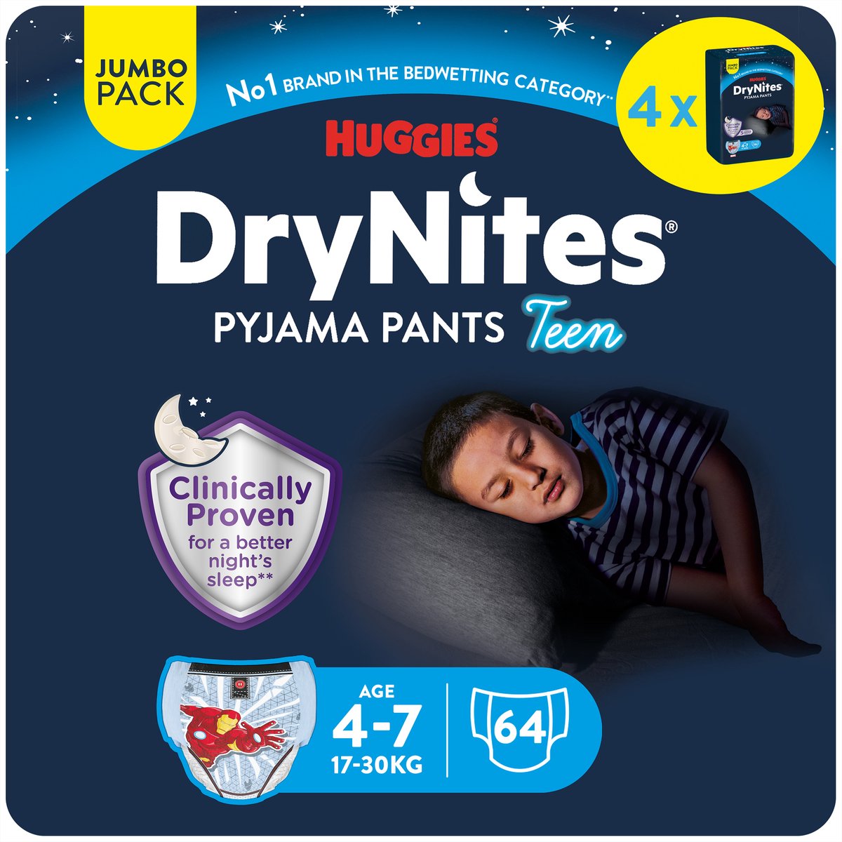 Drynites huggies blebukser - drenge - 4 til 7 år (17 - 30 kg) - 64 natbukser - ekstra rabat