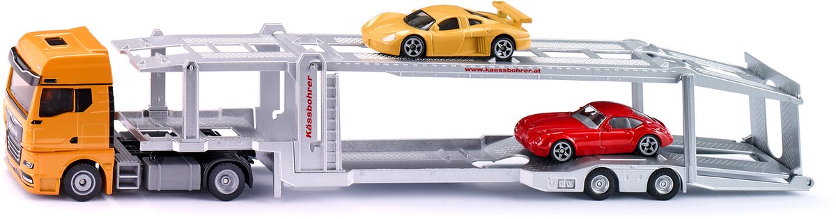 Siku 3944, mand biltransporter, 1:50, inkl. 2 legetøjsbiler, metalplast, orange sølv, aftagelig trailer, sænkbar platform