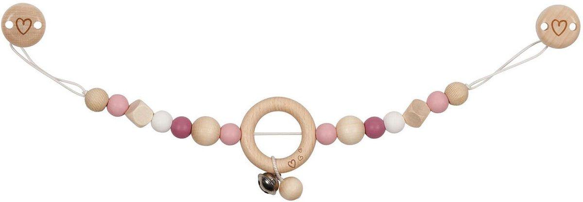 Goki barnevognsstrammer: hjerterosa l40cm, med clips, træ og silikone