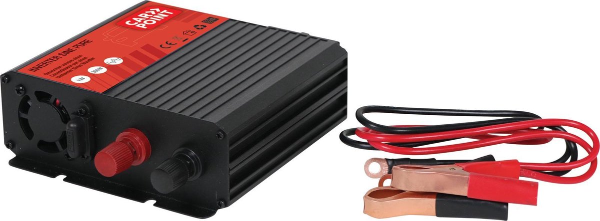 Carpoint omvormer - 12v>230v - zuivere sinus - continu vermogen 300w - piekvermogen 600 watt – zoemer voor foutmeldingen – aansluiting op accu met accuklemmen - schokbestendig - temperatuur geregelde koelventilator – afmeting 150x130x53mm
