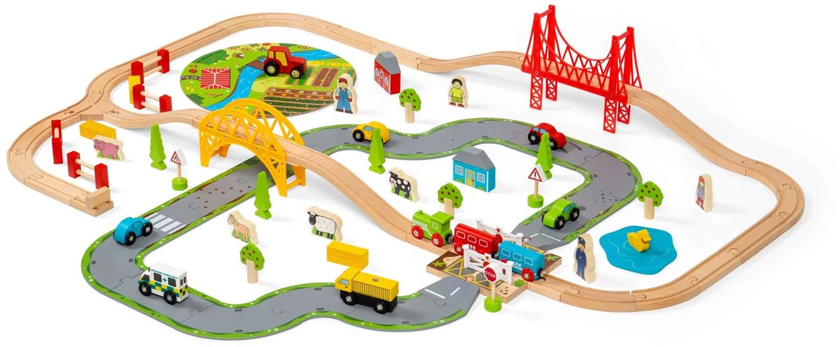 Bigjigs Wood Road and Train Set Countryside, 80dlg.