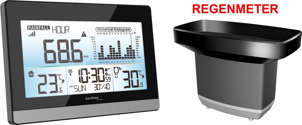 Technoline vejrstation - ws 9016 - 180x110x38mm - sort sølv - med regnmåler - tl-ws9016