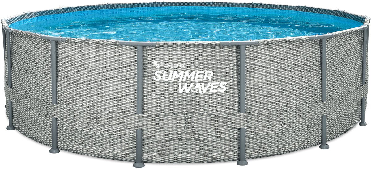 Sommerbølger rammer pool rund - ⌀488 x 122 cm - svømmebassiner - inklusive filterpumpe - poolpumpe - filterpatron - låg - jordklud - stige - vedligeholdelsessæt