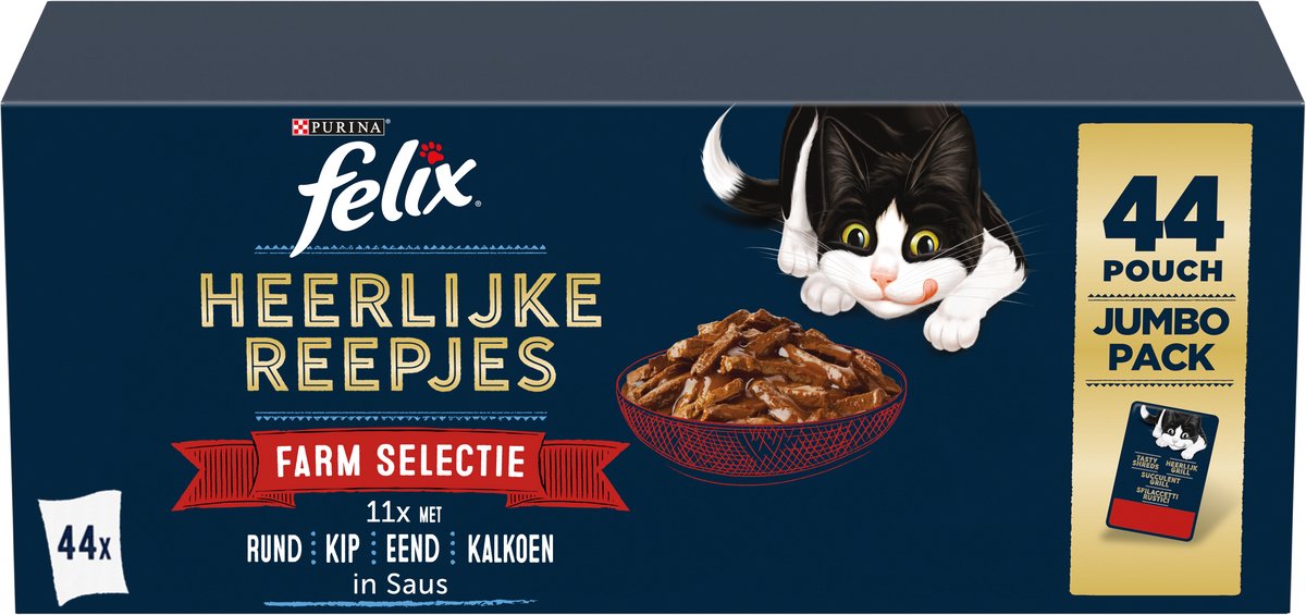 Felix lækre strimler gårdudvalg - våd kattefoder - oksekød, kylling, and, kalkun - 44 x 80g