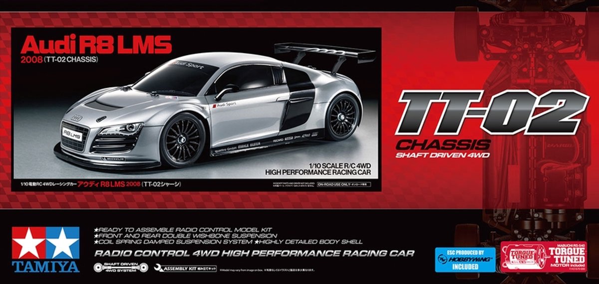 Tamiya modelsæt bil - 58749 rc bil - audi r8 lms 2008 - tt-02 rc plastic - 1:10 - modelfremstilling