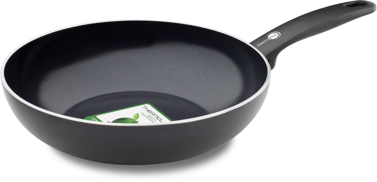 Greenpan cambridge wokpande 28cm - 3,5l - pfas-fri non-stick belægning - wokpande induktion - keramisk pande - ovnsikker op til 230°c - kolde håndtag - uden låg - sort