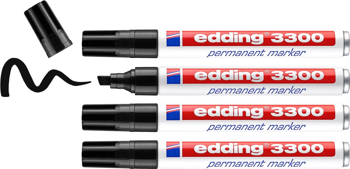 Edding 3300 permanent tusch - sort - 4 tuscher - mejselspids 1-5 mm - vand- og slidbestandig - til pap, plast, træ, metal osv. - alkoholtuscher til voksne