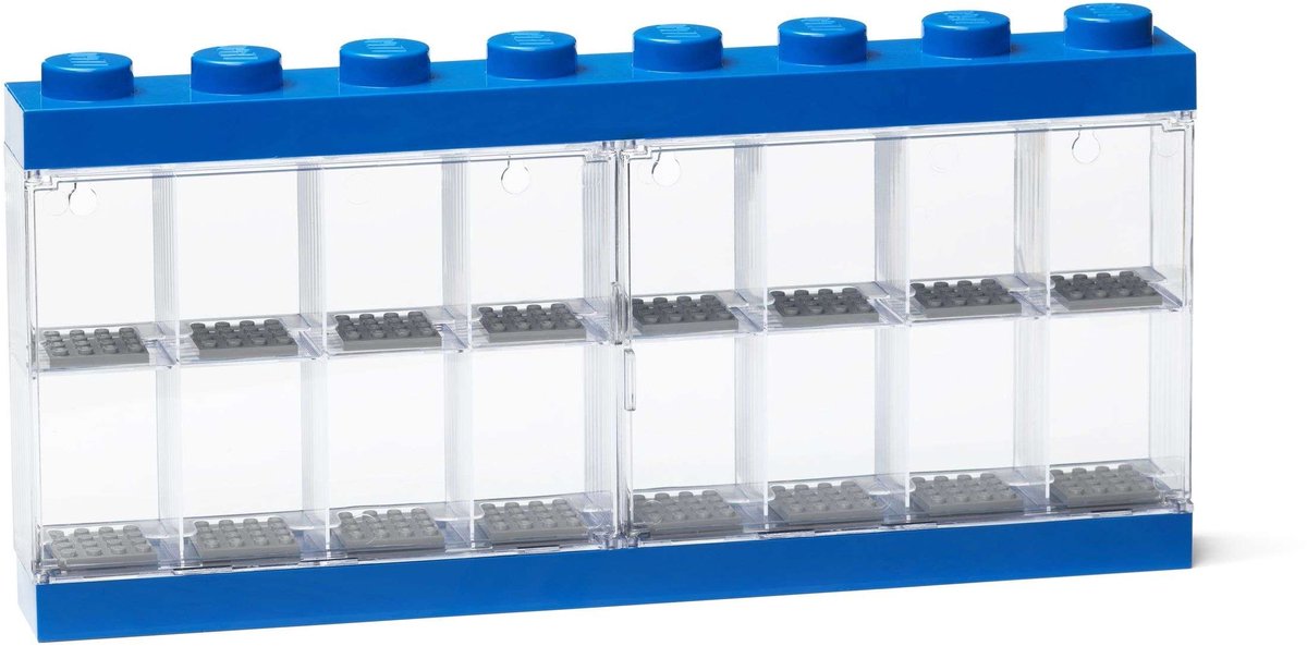Lego - vitrine - til minifigurer - 16 rum - kan stables - hænges - rektangel blå