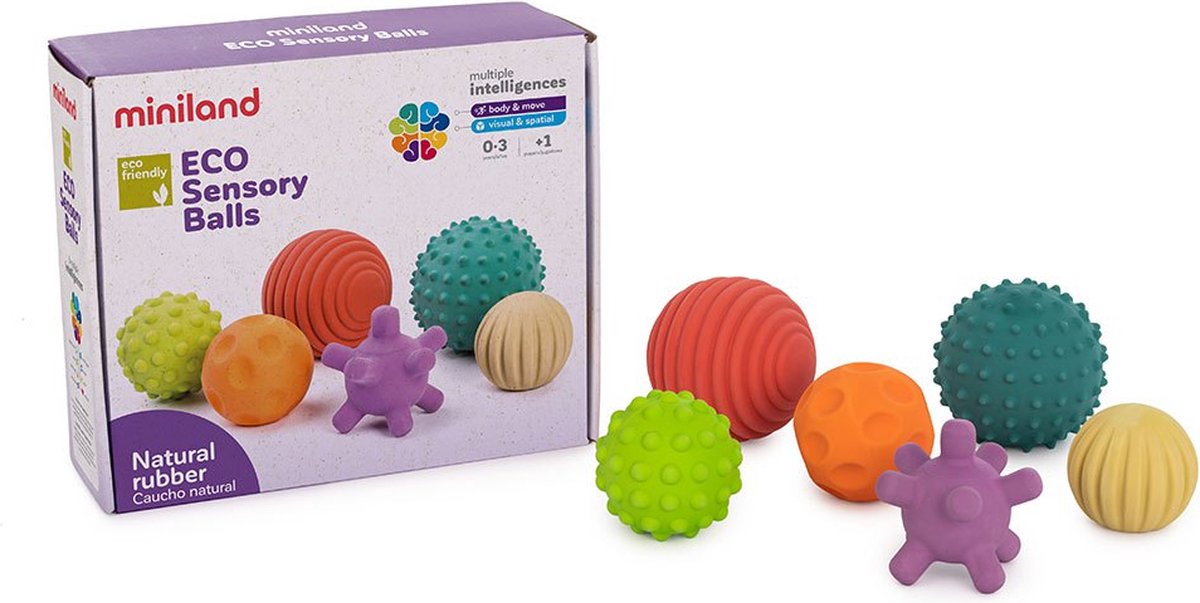 Miniland ml førskole øko: gummibolde diam.7cm, sansebolde lavet af naturgummi, 6 stk., æske 15x22x9cm, 0+