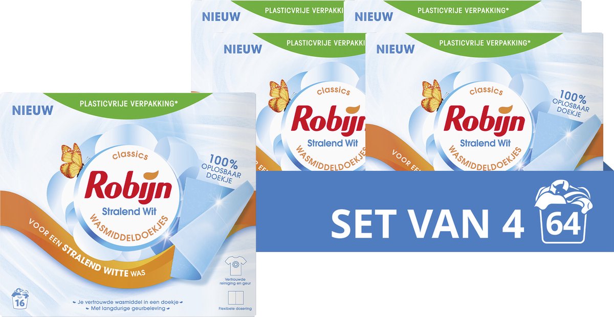 Robijn - stralend wit wasmiddeldoekjes - 4 x 16 wasstrips - voordeelverpakking