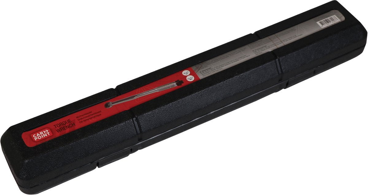 Carpoint momentnøgle - justerbar fra 40-210nm - låsbar justering i håndtaget - både venstre- og højredrejning - 1 2" drev - skala i newton meter meter kilogram - i robust beskyttende plastikkasse - længde 46cm