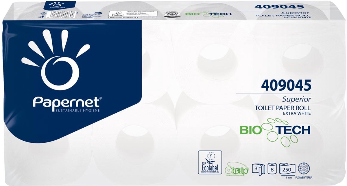 Papernet toiletpapir superior 3-lags 250 ark, pakke med 8 ruller