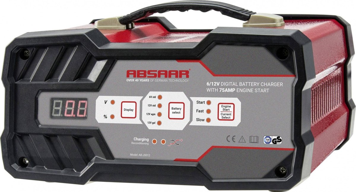 Absaar batterioplader + startstarter 6 12 volt 25-120 ah 12 amp rød