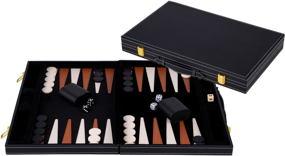 Engelhart backgammon 18 tommer - brunt elfenben syet bord - sort kuffert med håndtag - luksus rejseudgave -
