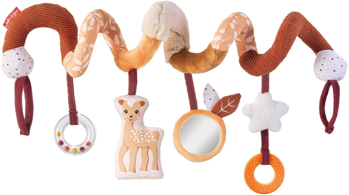 Sophie the giraffe fanfan the deer activity spiral – strækbar 20-80 cm – blødt stof med teksturer – squeaker, krøllepapir, spejl, bidering og ranglering – nem at fastgøre med velcro – fra 3 måneder