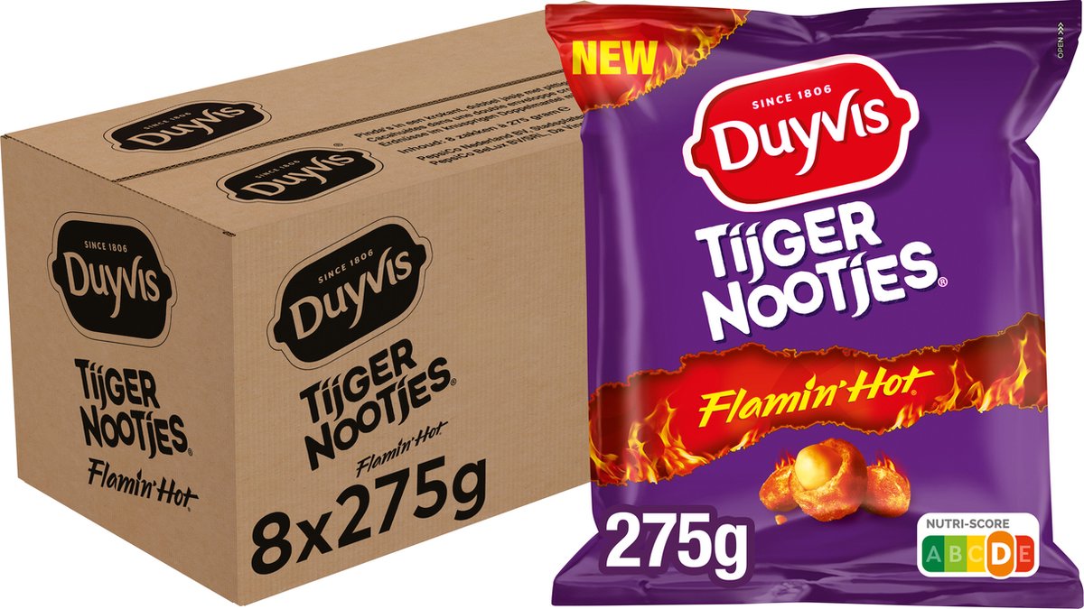 Duyvis tigernødder flamin hot - peanut nødder - 8 x 275 gram