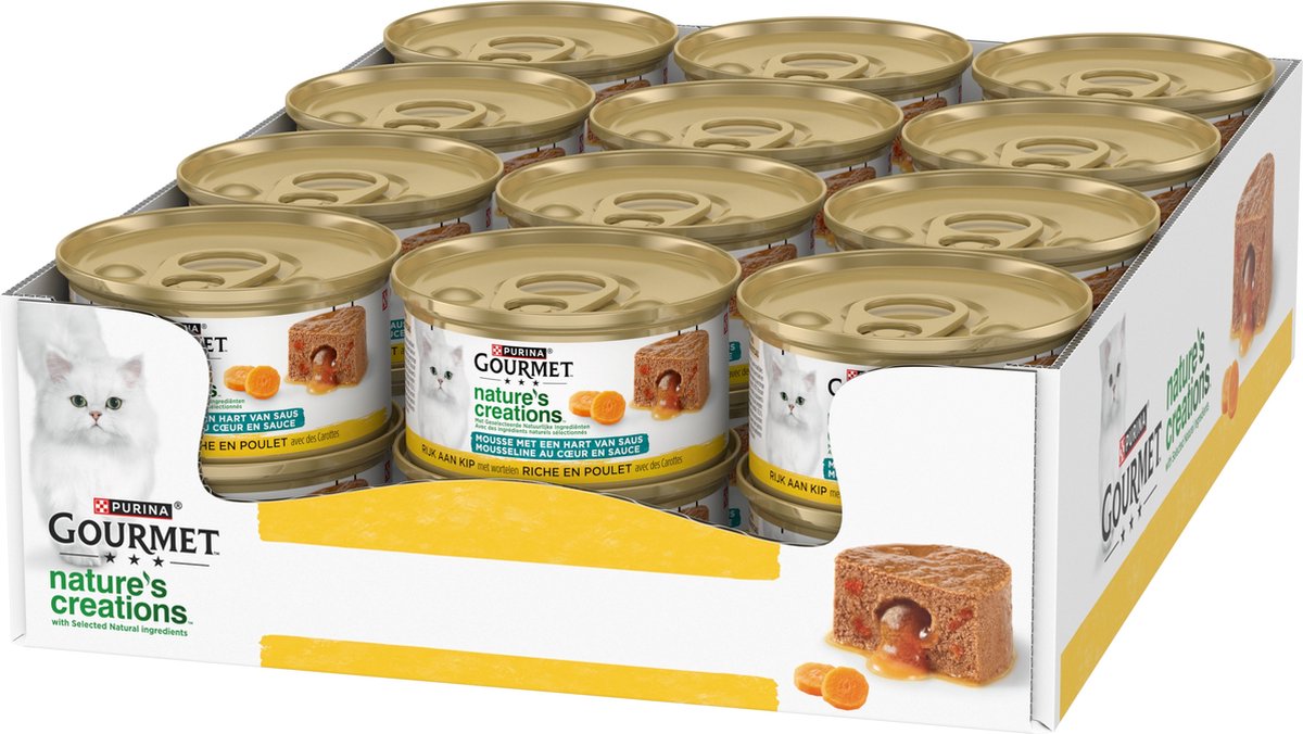 Gourmet-naturens kreationer mousse - 24 x 85 g - kip en wortel - hart van saus - kattenvoer natvoer