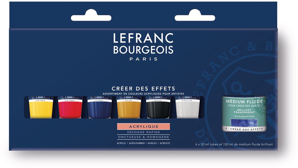 Lefranc bourgeois 300343 fint akryl sæt “skabe effekter” | akrylmaling med glans medium | 6×20 ml + 120 ml