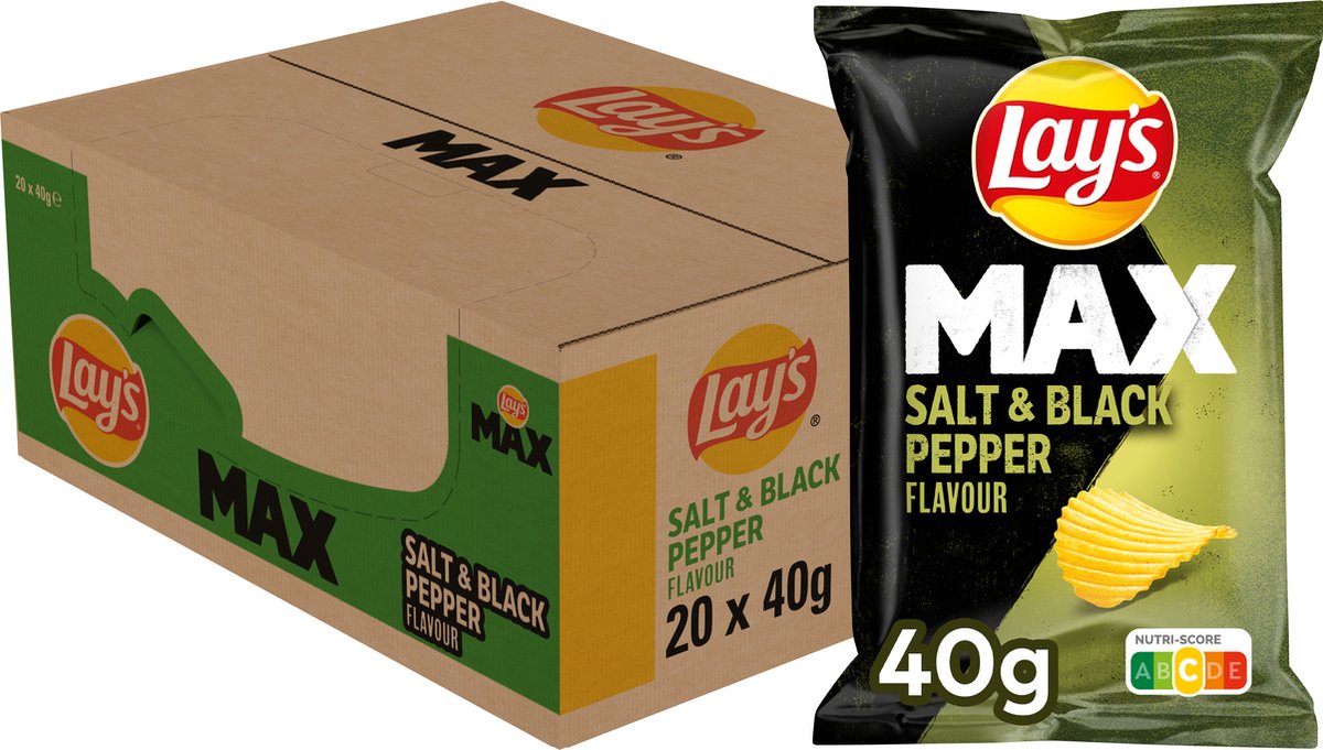 Lay's max salt sort peber - ribbede chips - 20 x 40 gram