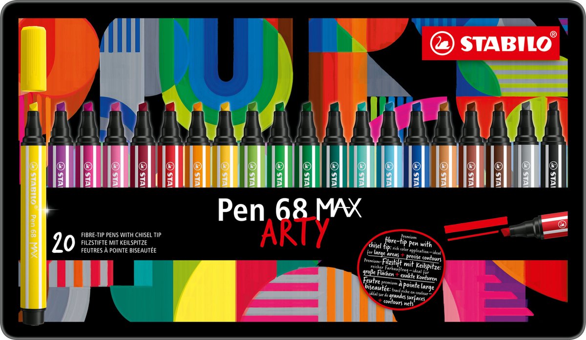 Stabilo pen 68 max arty - tuschpen med tyk mejselspids - sæt med 20 stk.