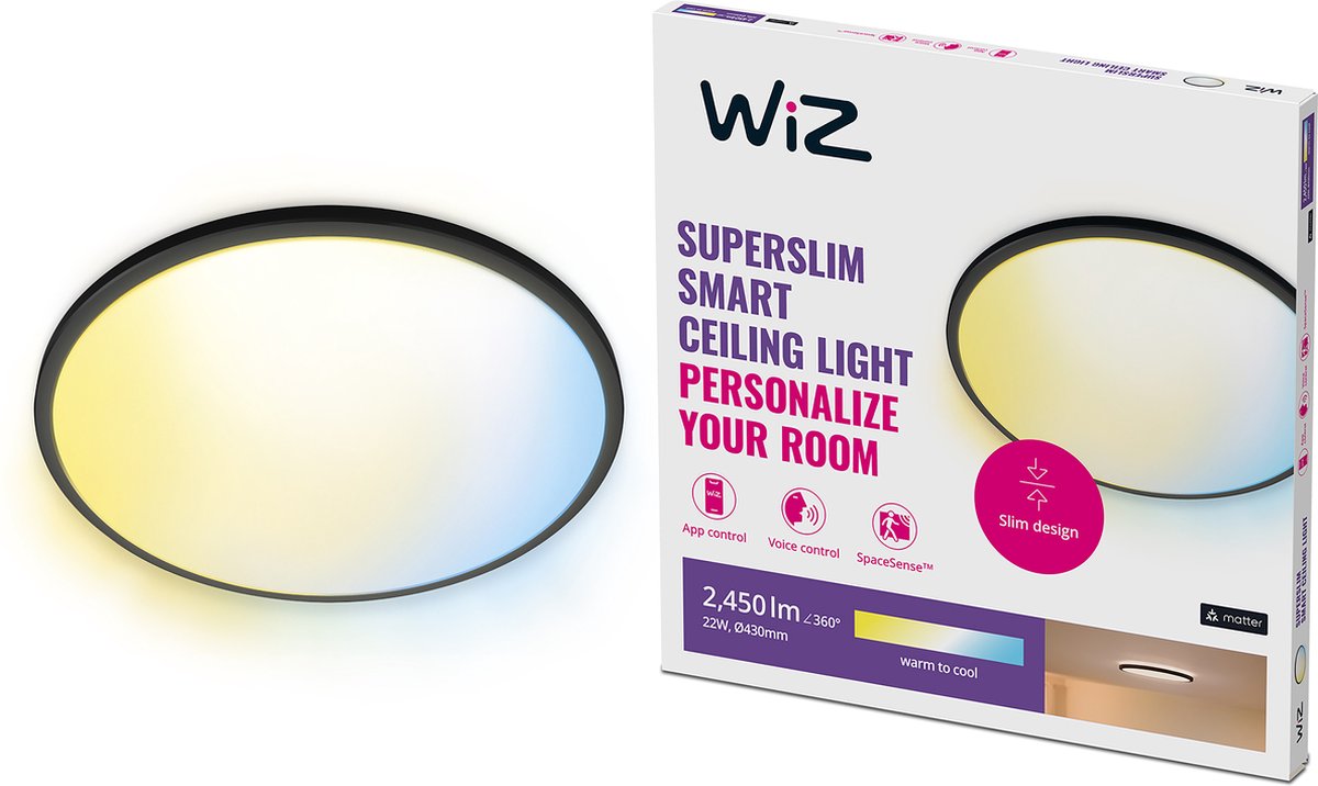 Wiz plafondlamp superslim - diameter: 43 cm - warm- tot koelwit licht - slimme led verlichting - geïntegreerde led - 22w - zwart - wi-fi