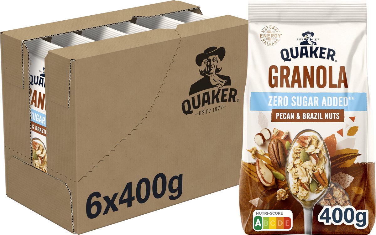 Quaker granola zero sugar tilsat pecan paranødder - morgenmadsprodukter - 6 x 400 gram