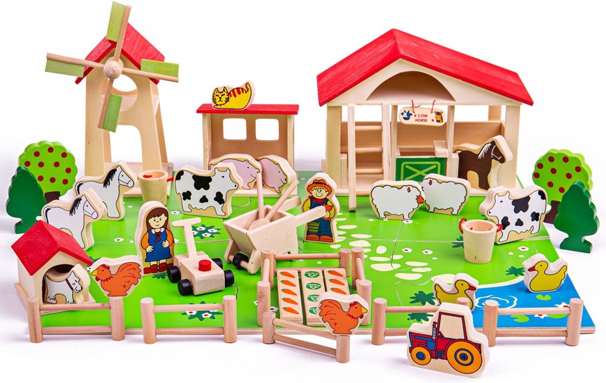 Bigjigs Wood Play Farm med tilbehør, 48dlg.