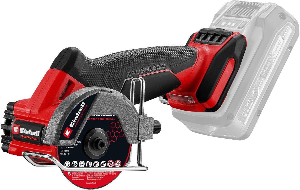 Einhell professionel akku skæremaskine tp-co 18 76-c li bl solo - power x-change - 18 v li-ion - ø76 mm - max. skæredybde: 16 mm - 20.000 t min - inkl. 1x diamantskæreskive, 3x tynd skæreskive - ekskl. batteri og oplader