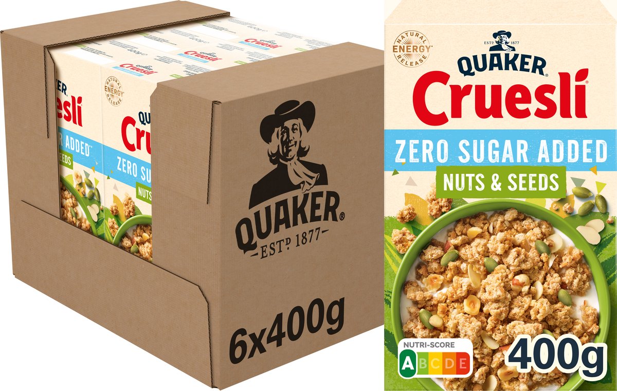 Quaker cruesli nul sukker tilsat nøddefrø - morgenmadsprodukter - 6 x 400 gram