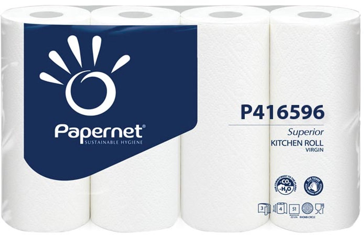 Papernet køkkenrulle superior | 3-lags | 51 ark | pakke med 4 ruller