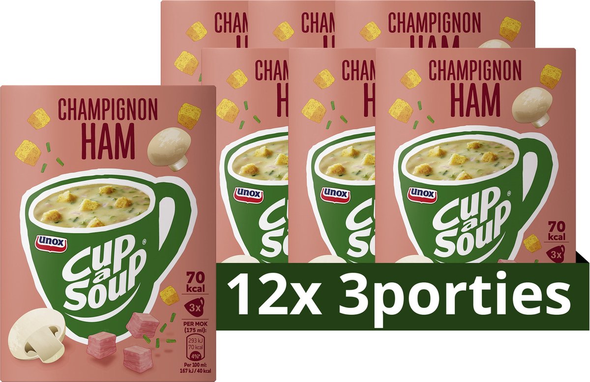 Unox kop-a-suppe - champignonskinke - med mør skinke i tern og sprøde croutoner - 12 x 3 x 175 ml
