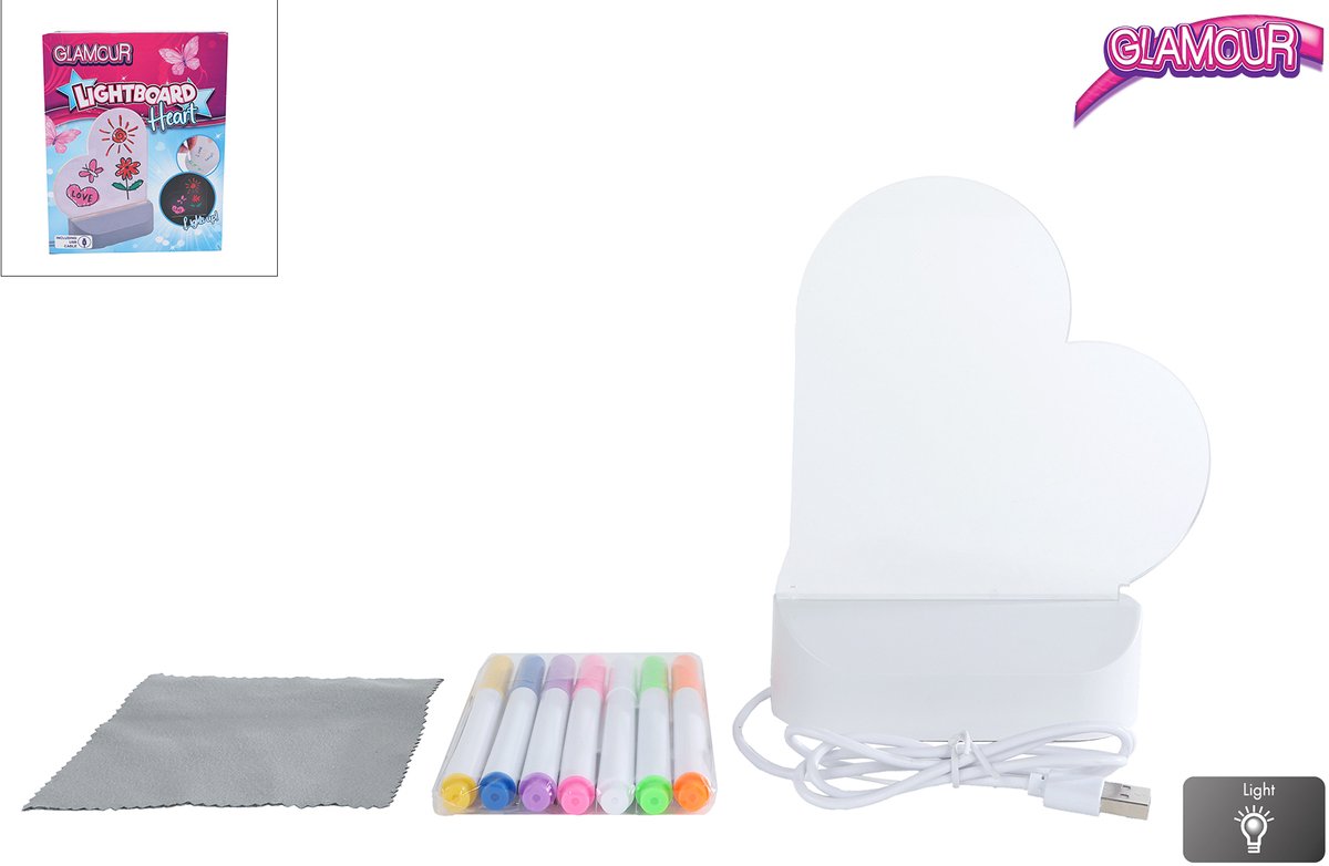 Glamour van mane lystavlehjerte med USB-tilslutning og 7 markører 16cm.