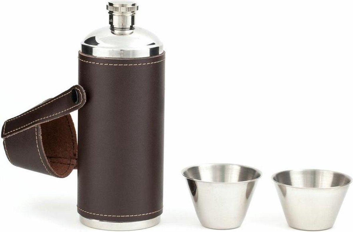 Kikkerland vandflaske - kantine - inklusive 2 snapseglas - læderhylster - ideel til vandreture, picnic og camping