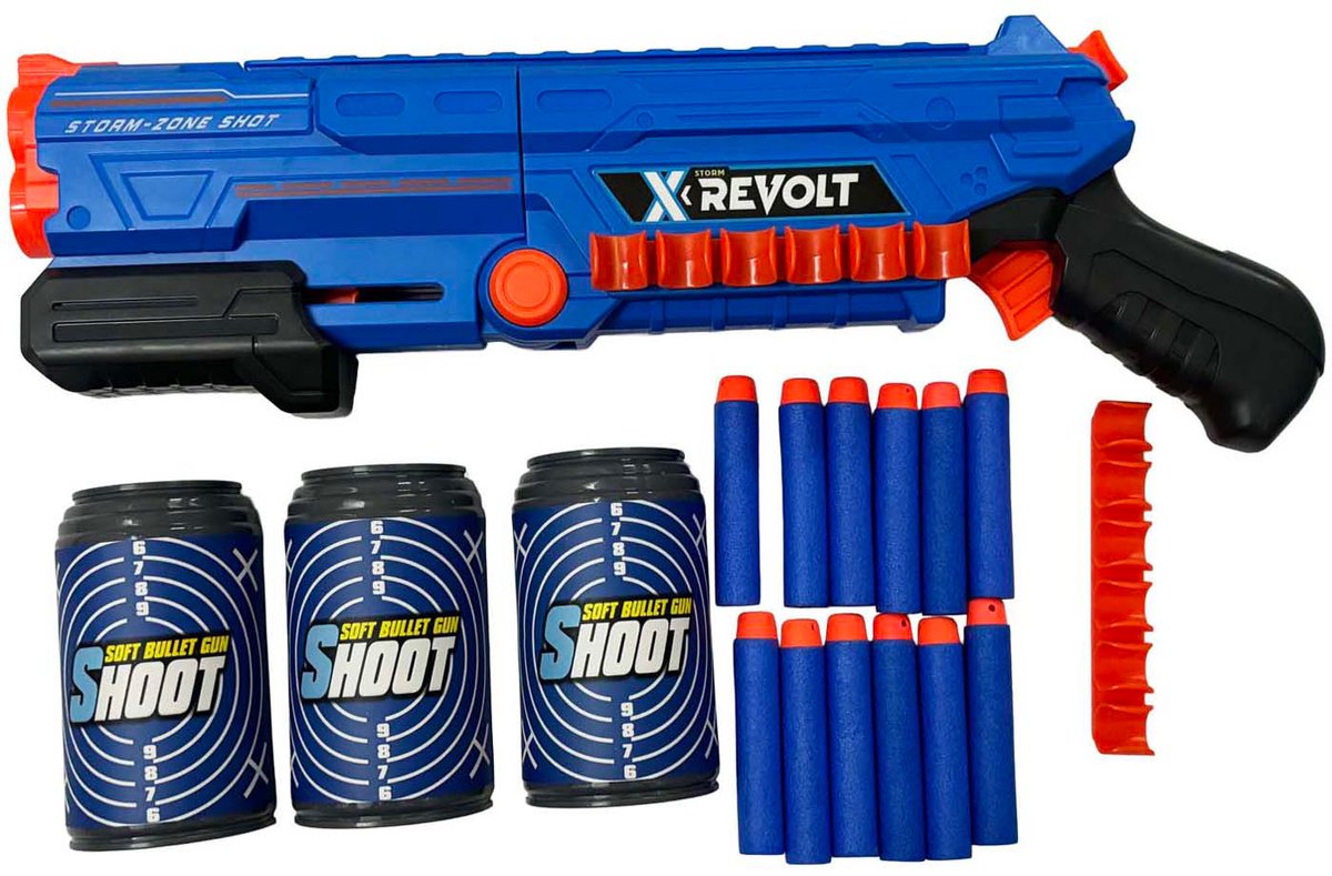 Lobbes legetøj f.eks. shooter x revolt - med 12 bløde pile og 3 dåser